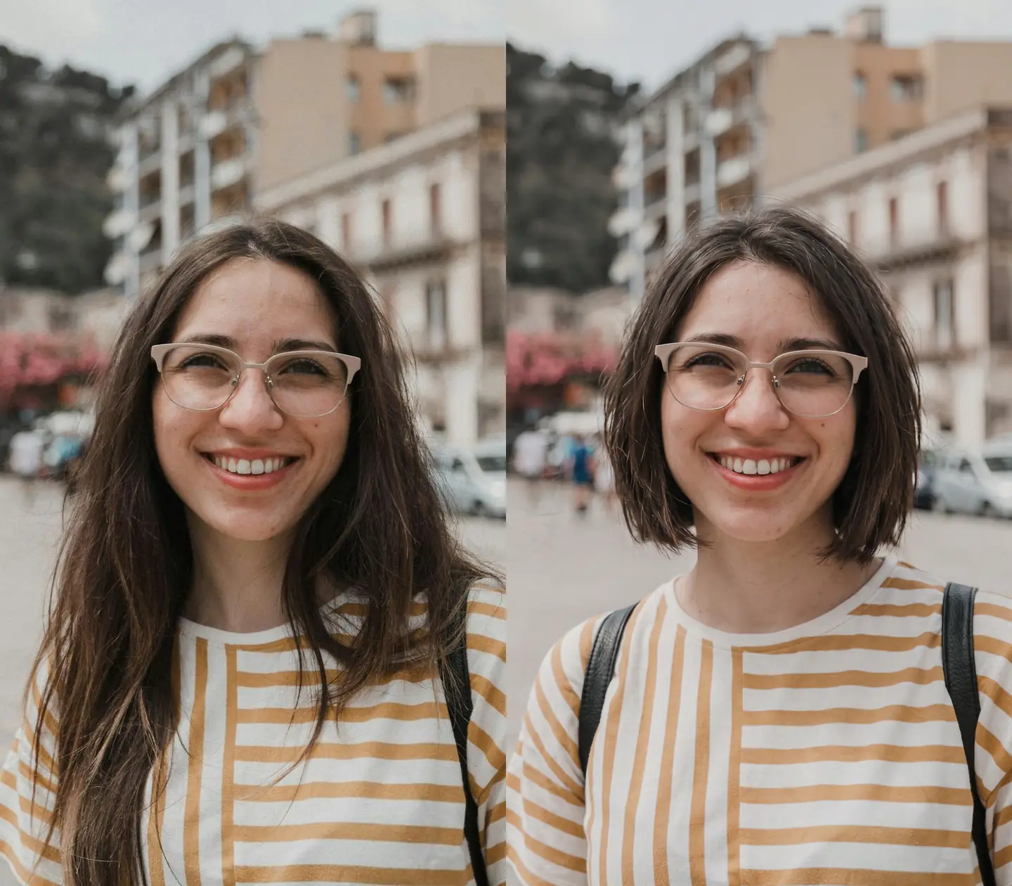 Avant et après le passage des cheveux longs à un carré au niveau du menton pour une femme portant des lunettes