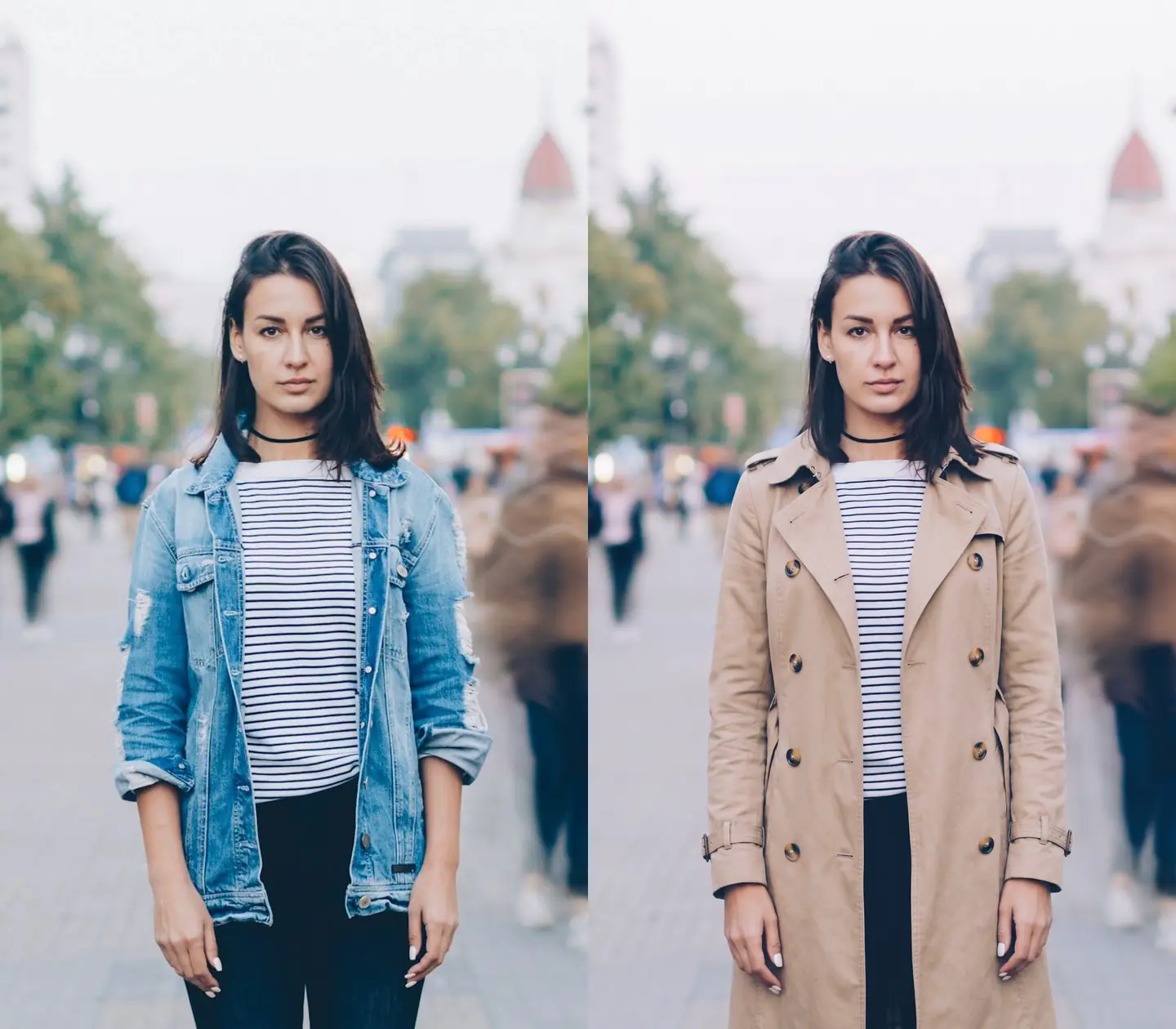 Avant et après le remplacement d’une veste en jean par un trench beige sur un portrait de rue