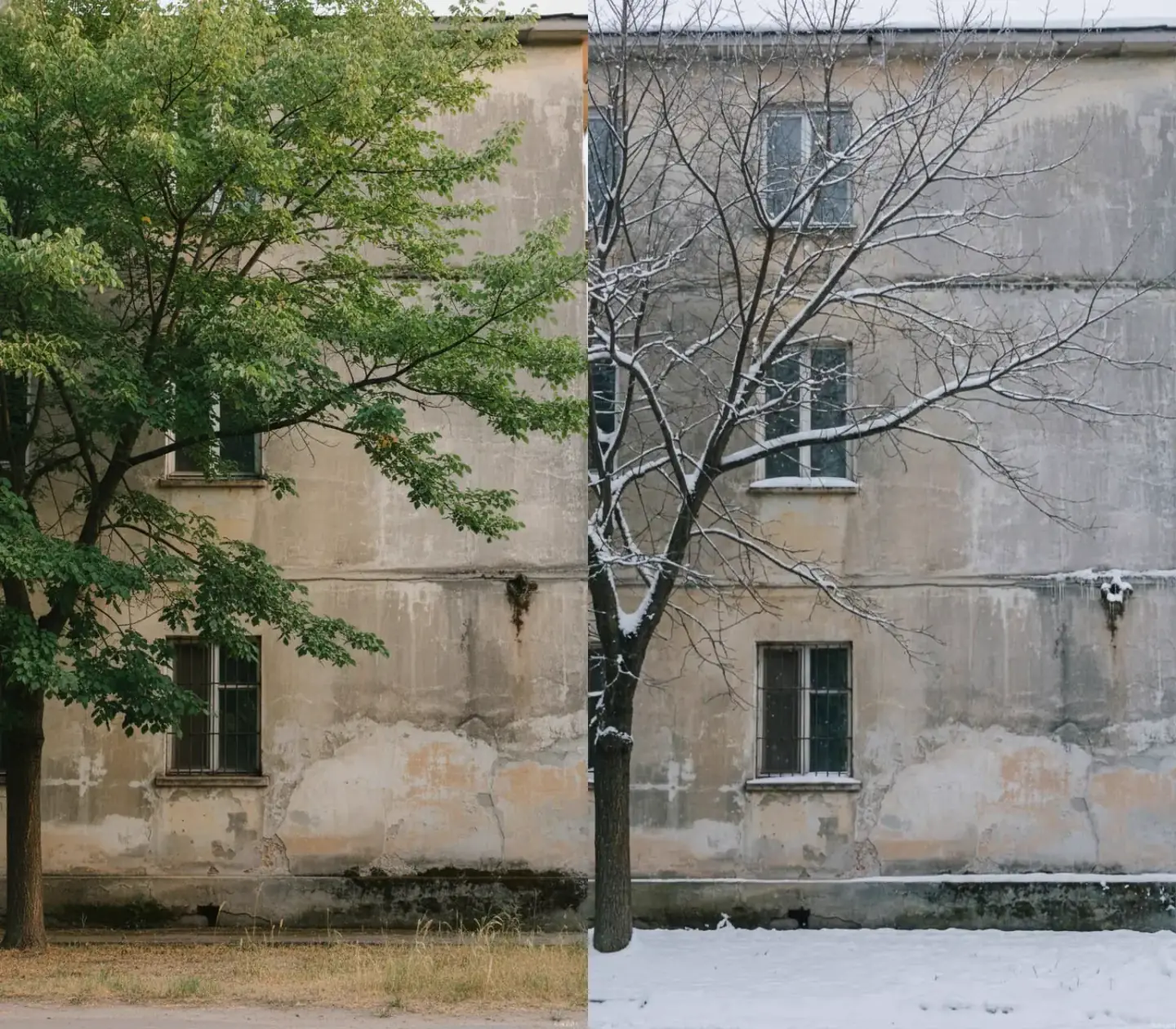 Un arbre devant un bâtiment, montré avec des feuilles vertes puis des branches nues en hiver