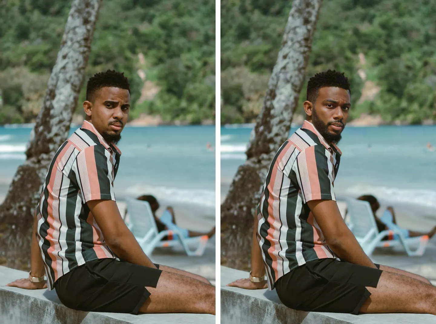 A beach portrait before and after a face swap