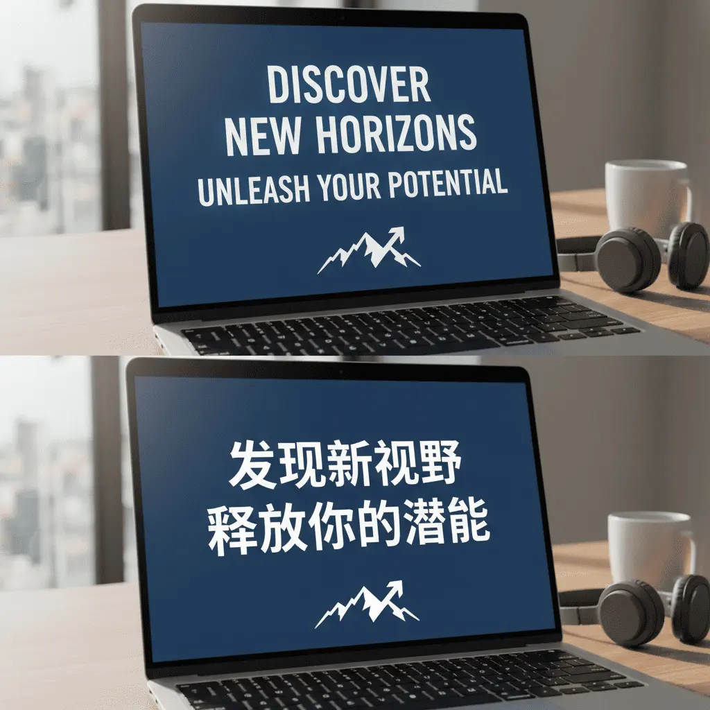 电脑屏幕中的英文宣传语替换为中文的对比