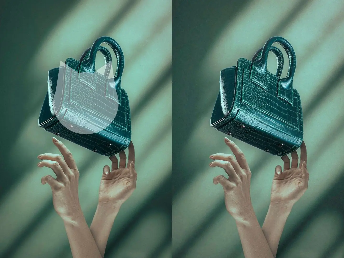 Avant et après la suppression d’un logo semi-transparent sur le sujet d’une photo de produit