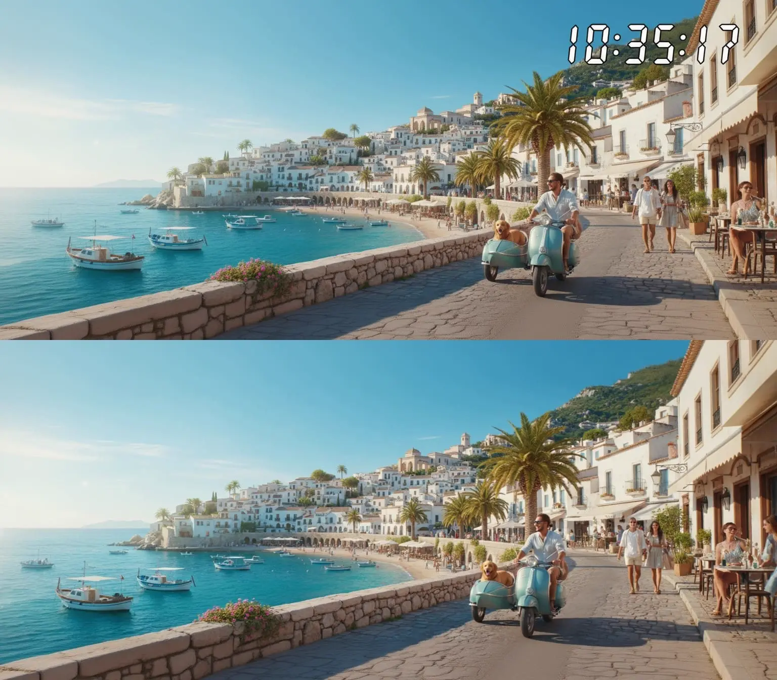 海边步道画面移除时间戳前后的示意